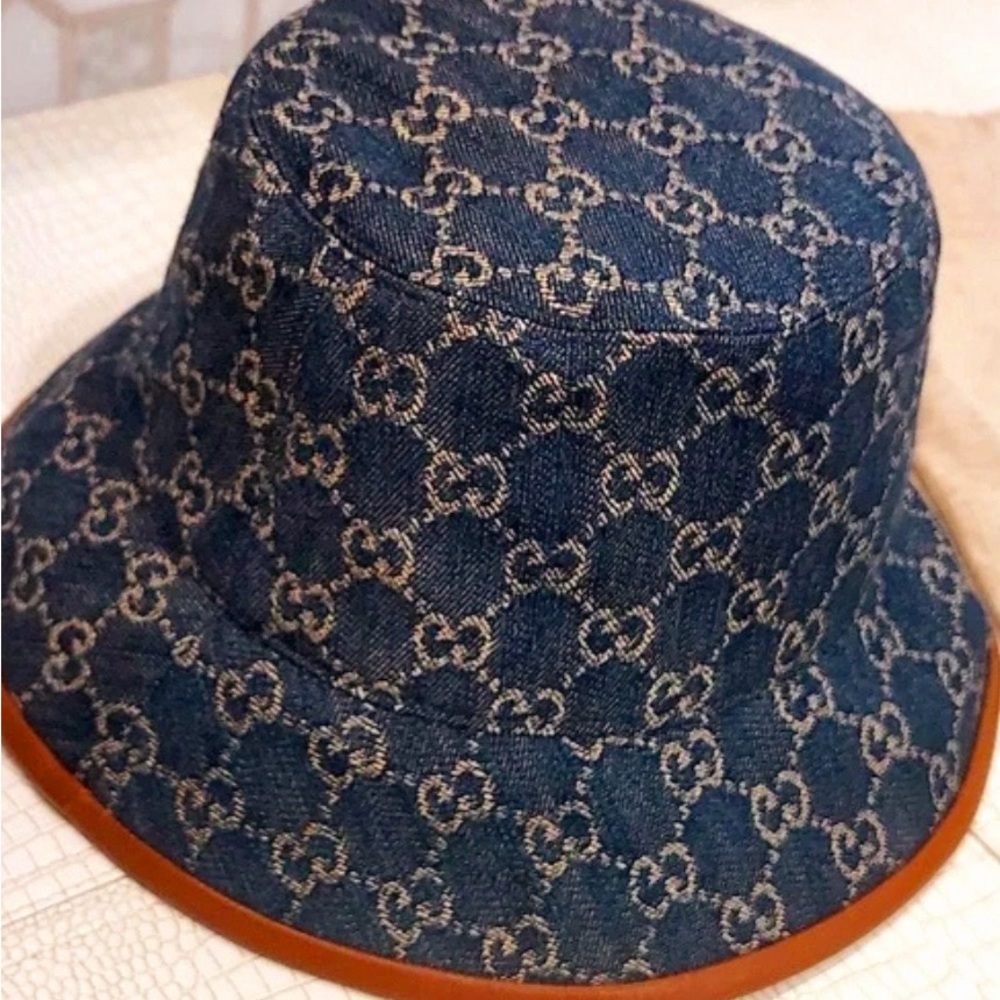 Denim Supreme Monogram Bucket Hat Stiff Navy Blue Canvas Brown Calf Leather Trim - Picture 8 of 13